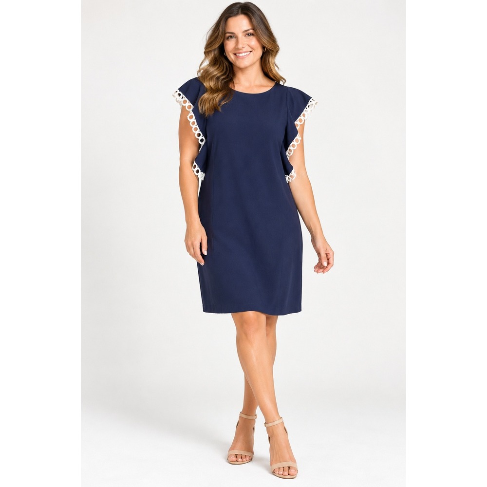 Laundry Shelli Segal Shift Dress Womens 12 Navy Blue Excellent Flutter Sleeve